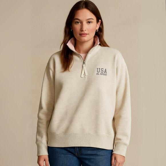 VINTAGE Y2K Ralph Lauren Sport Quarter Zip Spell Out USA Pullover w/Ribbon Pull - Picture 4 of 7